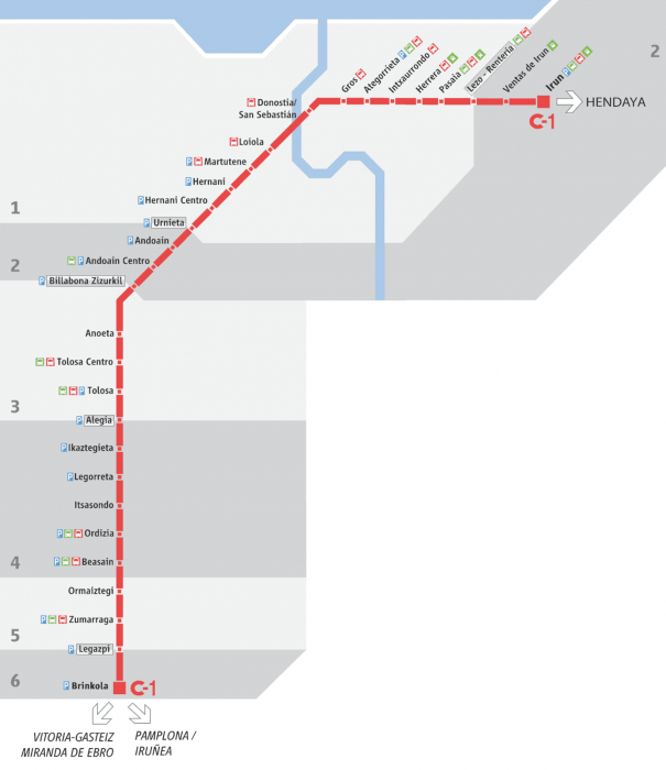 Зоны и схема линии С-1 поездов Renfe