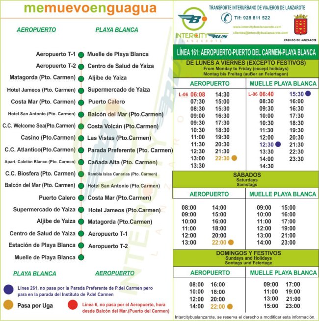 Расписание автобуса №161 Airport Lanzarote → Puerto del Carmen → Playa Blanca