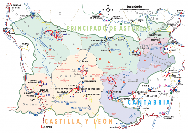 Карта Picos de Europa с дорогами маршрутами